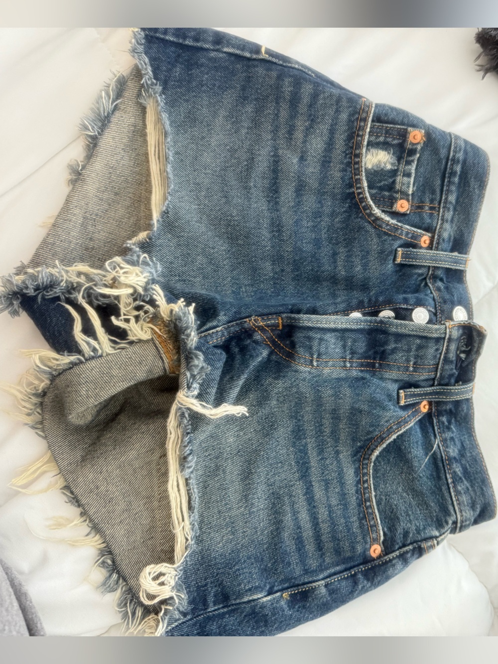 Levi's Frayed Hem Dark Blue Button-Fly Denim Shorts